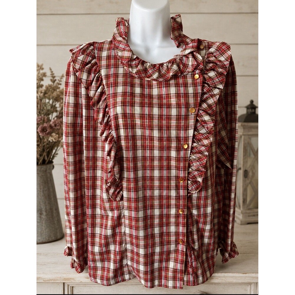 Vintage Private Line NY Size Medium Women’s Plaid Ruffled Blouse 48” Bust 25” L